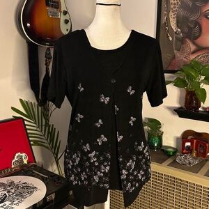 Black Vintage Butterfly Print Women's Top